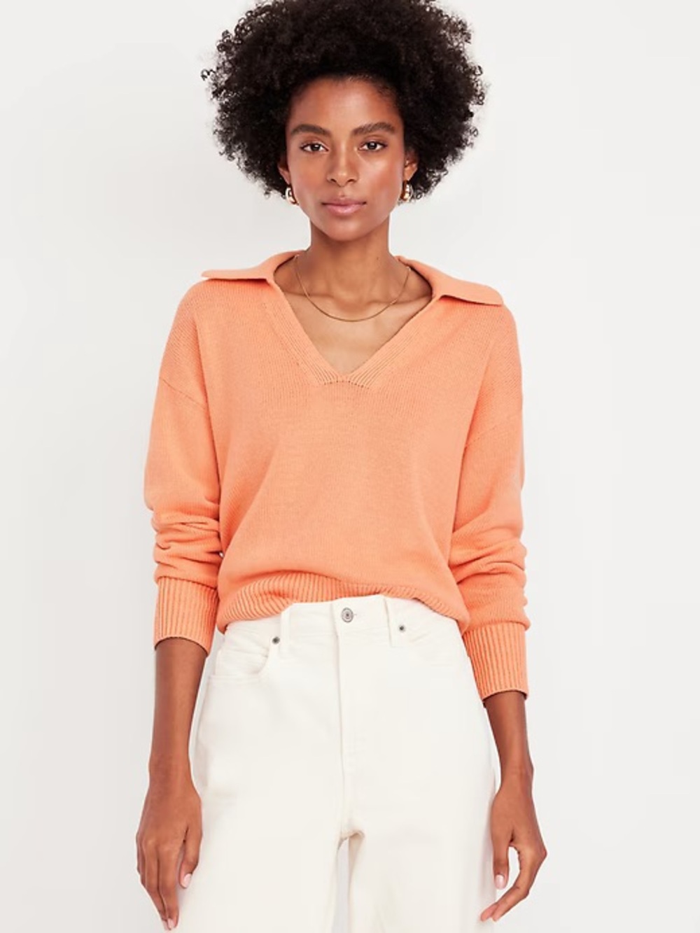 Knit Polo Sweater with a Relaxed V Neck Collar and Ribbed Trim